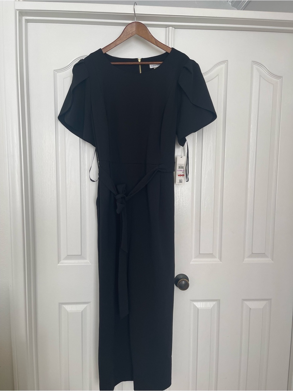 Calvin Klein Black Maxi jumpsuit with Tie Waist and Flutter Sleeves